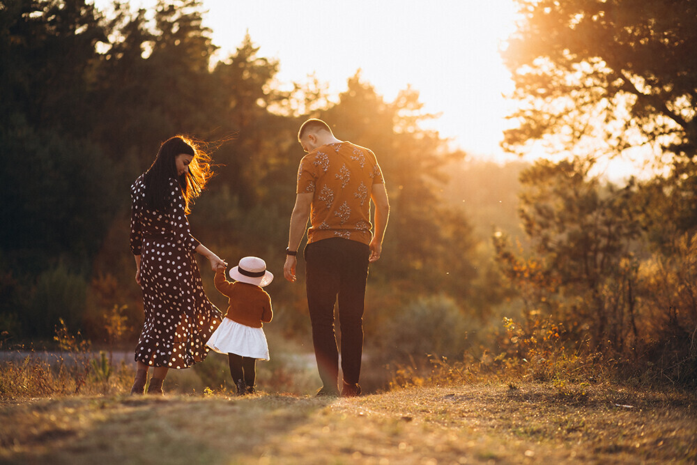 Family holding hands in the sunset